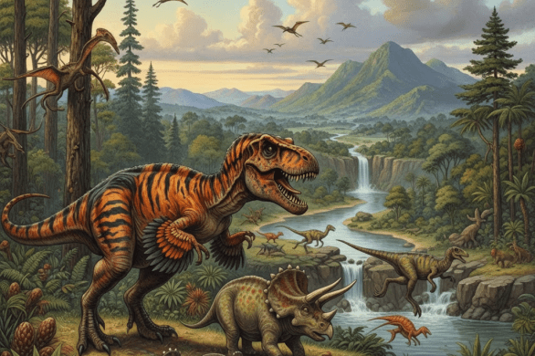 Various dinosaurs in a lush valley with waterfalls, forests, and an active volcano background.