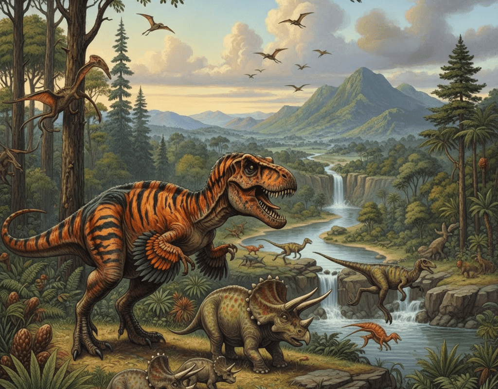 Various dinosaurs in a lush valley with waterfalls, forests, and an active volcano background.